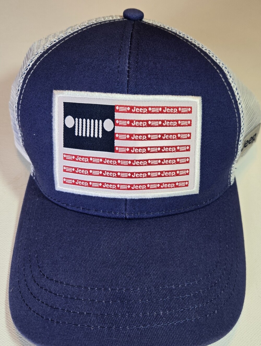 Jeep Navy and White Trucker Cap with Flag Patch Snapback OSFM Licensed